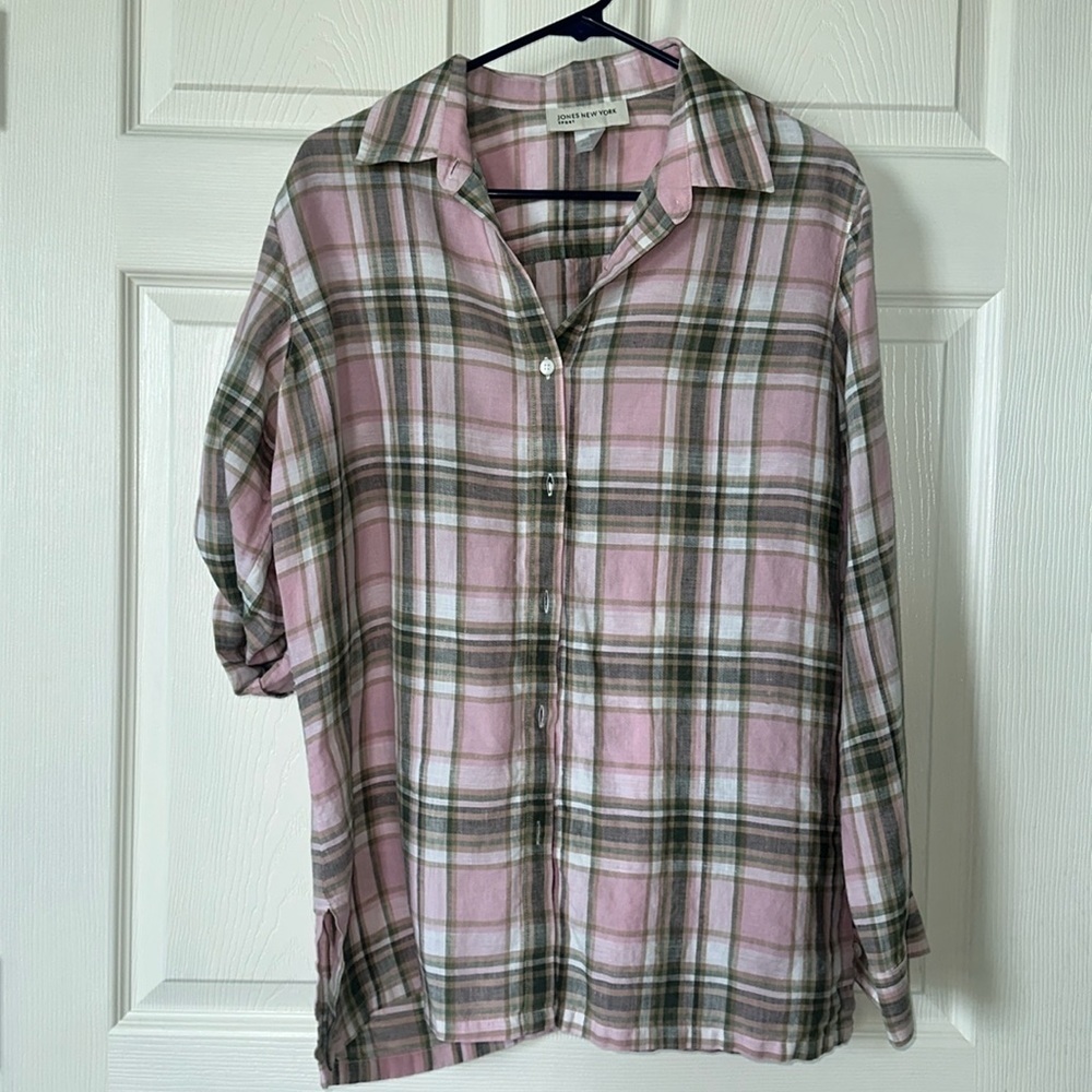 JONES NEW YORK SPORT ROLL TAB SLEEVE 100%LINEN CHECK L